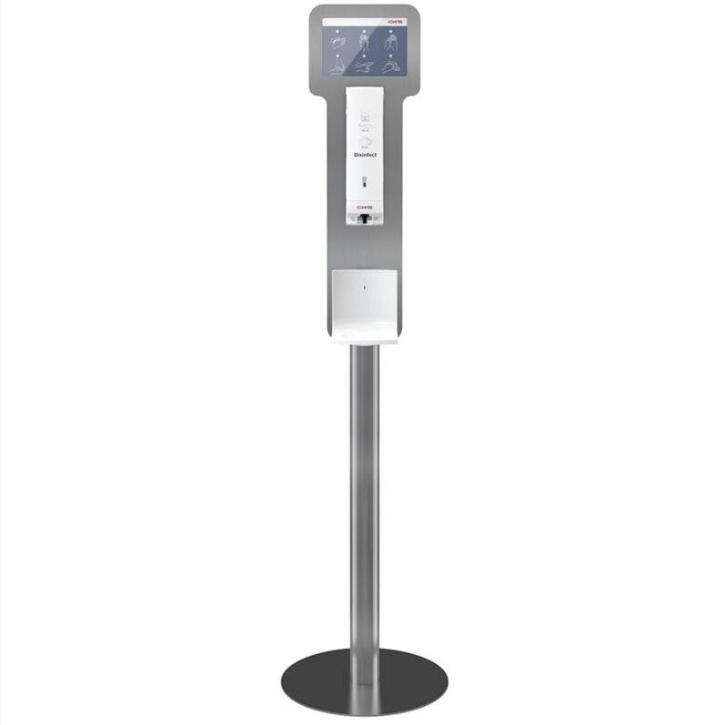 Un bac d'égouttage indépendant CWS ParadiseLine, adapté au Disinfect NT, sert de bac d'égouttage sous la station de distributeur de désinfectant avec écran tactile et pied rond en métal pour un environnement hygiénique.