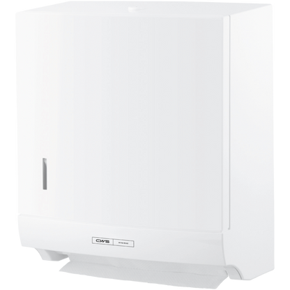 Le distributeur de serviettes en papier plié CWS ParadiseLine Paper Slim, blanc, avec bouton-poussoir, séduit par son design rectangulaire et élégant. Le logo CWS est visible à l'avant et une feuille de papier dépasse en bas pour une utilisation hygiénique.