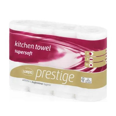 Een verpakking CWS keukenrollen Prestige 3-laags, hoogwit bevat 8 pakken witte, superzachte en schoonmaakvriendelijke keukenrollen in kastanjebruin en gouden design met het merk "welcome Professional Hygiene".