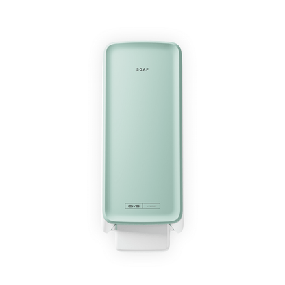 Un distributeur de savon CWS PureLine Cream vert menthe de CWS avec l'inscription "SOAP" en haut et un levier à pression blanc, vu de dessus sur un fond blanc - idéal pour toute salle de bain.