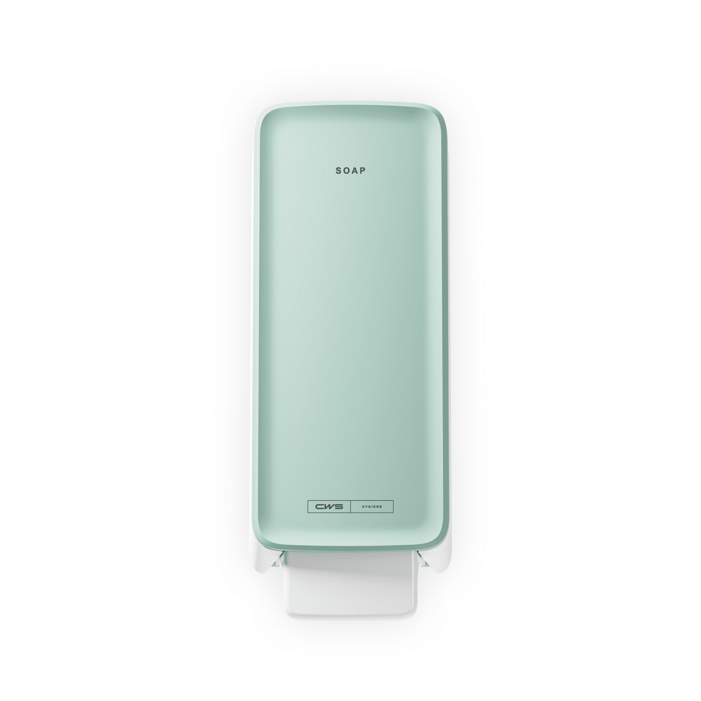 Le distributeur de savon mousse CWS PureLine est un distributeur mural, rectangulaire, de couleur vert clair avec l'inscription "SOAP" sur le devant, un levier blanc en dessous et le branding CWS près de la base - idéal pour toute salle de bain.