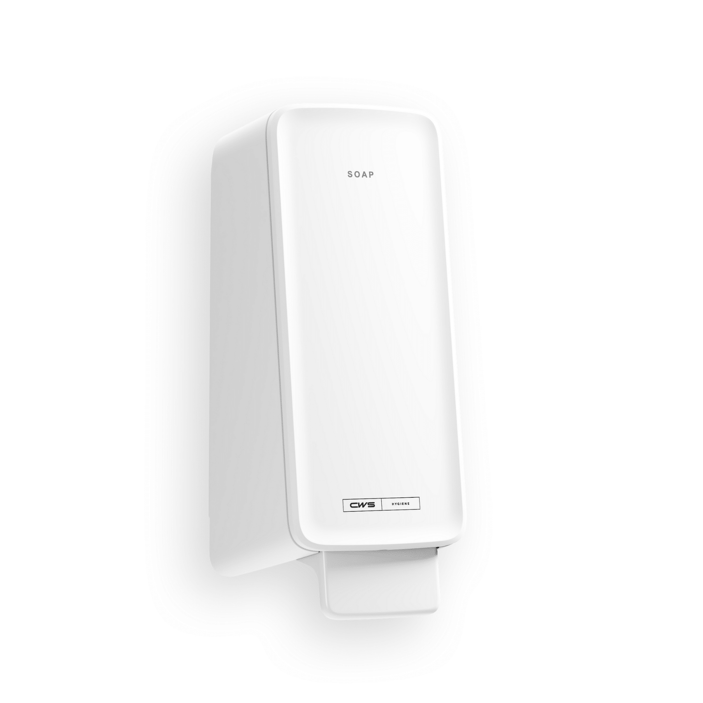 Le distributeur de savon CWS PureLine Cream de CWS est un distributeur mural blanc rectangulaire avec l'inscription "SOAP" en haut et un levier à pression en bas, idéal pour toute salle de bain et sur un fond blanc simple.