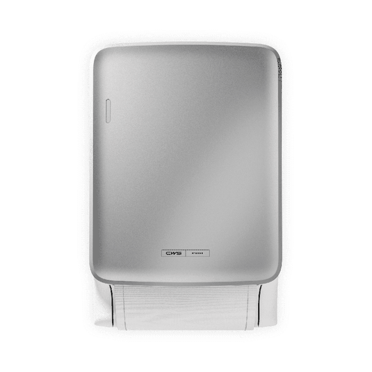 Le CWS PureLine Dry de CWS est un distributeur argenté fixé au mur, orné d'un petit logo près de la base. Il distribue des feuilles individuelles de papier essuie-mains blanc et favorise l'hygiène grâce à son design sobre et durable sur un fond épuré.