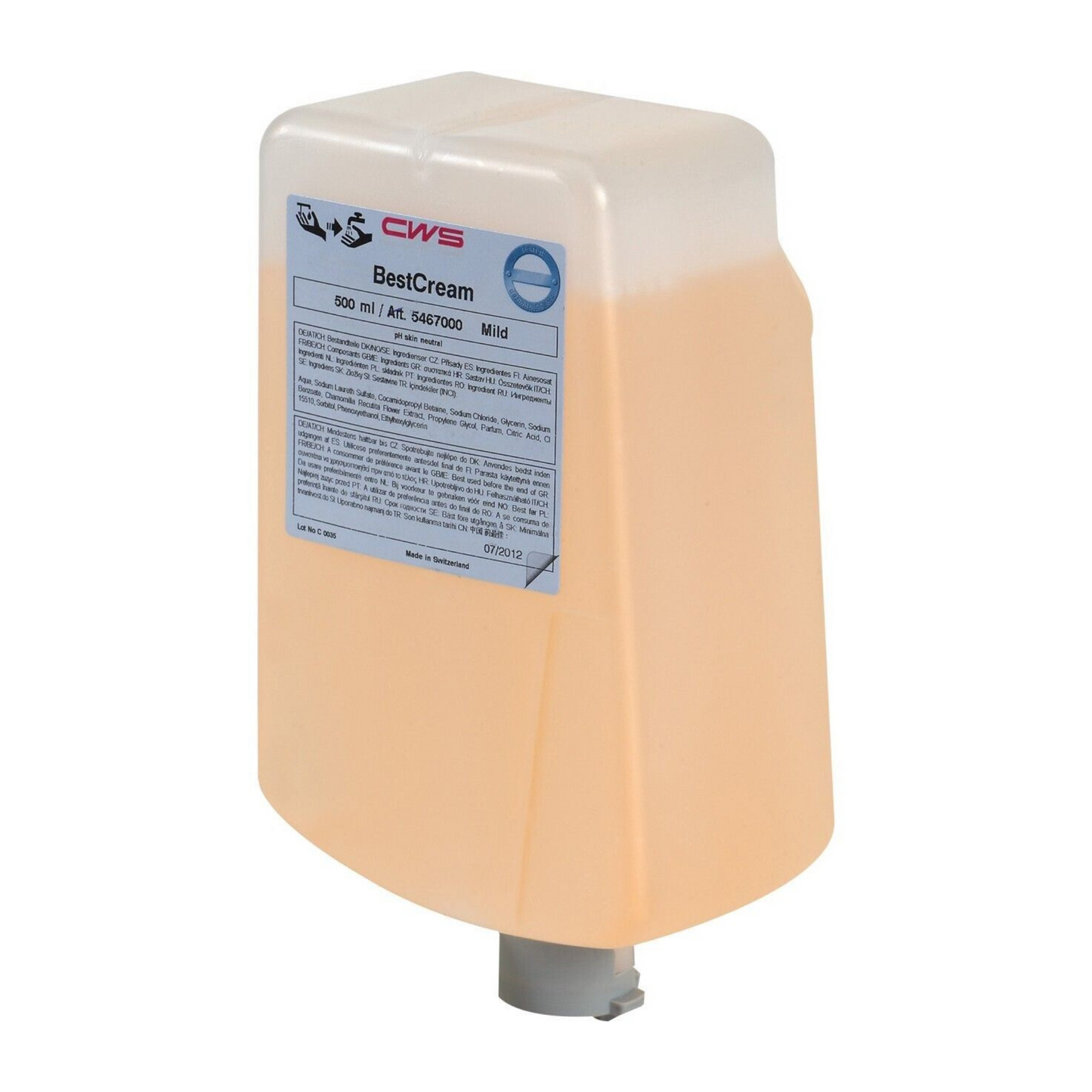 De CWS zeepcrème BestCream Mild wordt geleverd in een navulverpakking van 500 ml voor eenvoudig navullen, met een praktische doseertuit aan de onderkant en een duidelijk etiket voor instructies en productdetails.