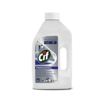Een 2-liter fles Cif Professional Keuken-Ontkalker heeft een blauw-wit etiket met het Cif-logo, tekst en symbolen die wijzen op de professionele reinigingsformule. Dit product van Diversey Deutschland GmbH & Co. OHG is perfect geschikt voor het verwijderen van kalk in de keuken en heeft een zijhandgreep voor eenvoudig gebruik.