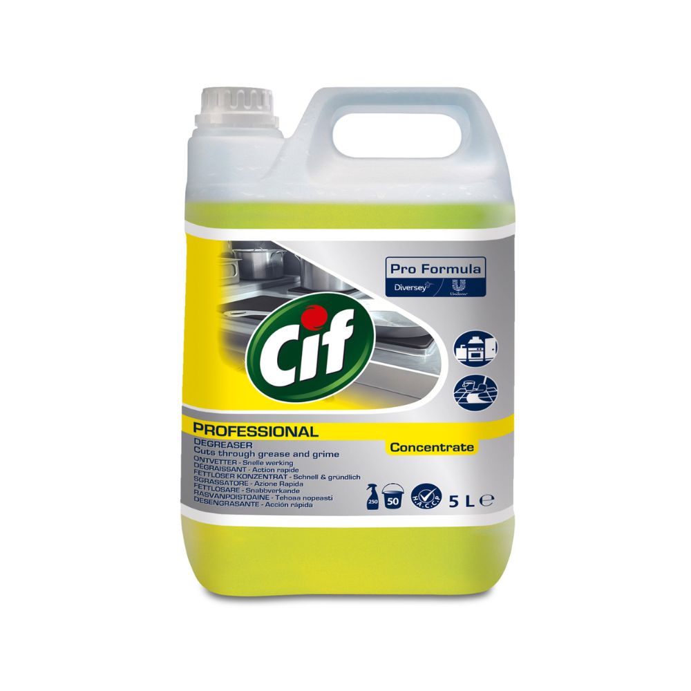 Le nettoyant universel professionnel Cif citron de 5 litres de Diversey Deutschland GmbH & Co. OHG dispose d'une étiquette colorée avec le logo emblématique Cif ainsi que des images d'un évier de cuisine et d'une casserole. Sa formule concentrée nettoie efficacement la graisse et la saleté sur toutes les surfaces résistantes à l'eau et dégage un parfum frais de citron.