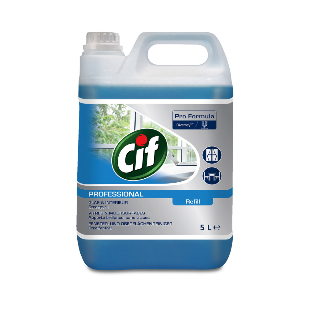 Ein 5-Liter Cif Professional Glas- und Universalreiniger von Diversey Deutschland GmbH & Co. OHG mit Griff und Schraubverschluss; blau-weißes Etikett zeigt Fenstersymbole, Pro Formula-Branding und verspricht streifenfreie Sauberkeit für wiederbefüllbare Sprühflaschen.