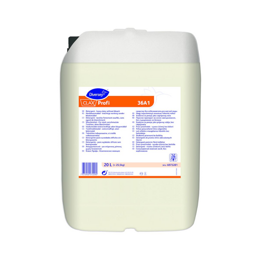 De witte kunststofcontainer draagt het label „Clax Profi 36A1“ van Diversey Deutschland GmbH & Co. OHG in blauw-oranje ontwerp. Dit wasmiddel voor zacht water beschikt over uitgebreide productinformatie in meerdere talen en bevat 20 liter vloeistof, ideaal voor licht tot middelmatig vervuilde textiel.