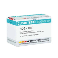 Packung mit Cleartest hCG Schwangerschafts-Teststreifen - 20 Stück von Servoprax GmbH, wobei der Text in Deutsch darauf hinweist, dass es für die qualitative Bestimmung von hCG im Urin gedacht ist und nur für den professionellen Gebrauch bestimmt ist.