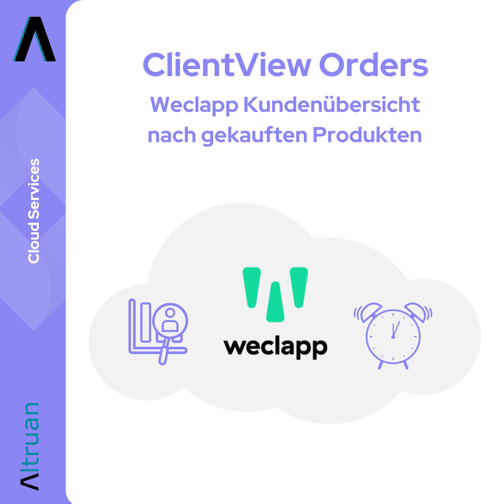 Illustration pour « Aperçu client Altruan par produits achetés » en bleu et violet avec les symboles d'un ordinateur, le logo weclapp et une horloge, avec du texte bilingue en anglais et en allemand.