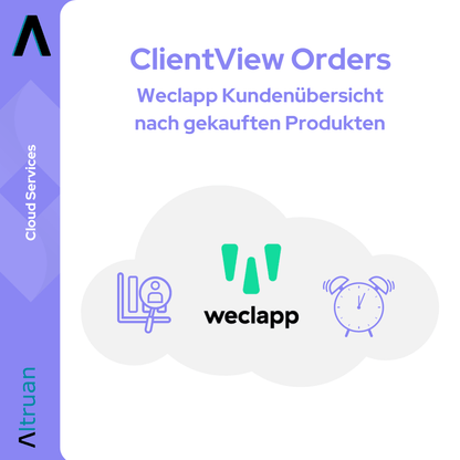 Illustration pour « Aperçu client Altruan par produits achetés » en bleu et violet avec les symboles d'un ordinateur, le logo weclapp et une horloge, avec du texte bilingue en anglais et en allemand.