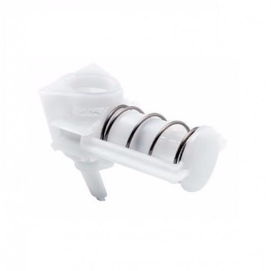 Ein weißes federbelastetes Ventil aus Kunststoff und Metall mit zwei O-Ringen, ein Ersatzteil für die 1ml Flüsssig Pumpe für Bulk Spender (Diversey Deutschland GmbH & Co. OHG), Standard in Soft Care Bulk Spender, dargestellt auf einem schlichten weißen Hintergrund.