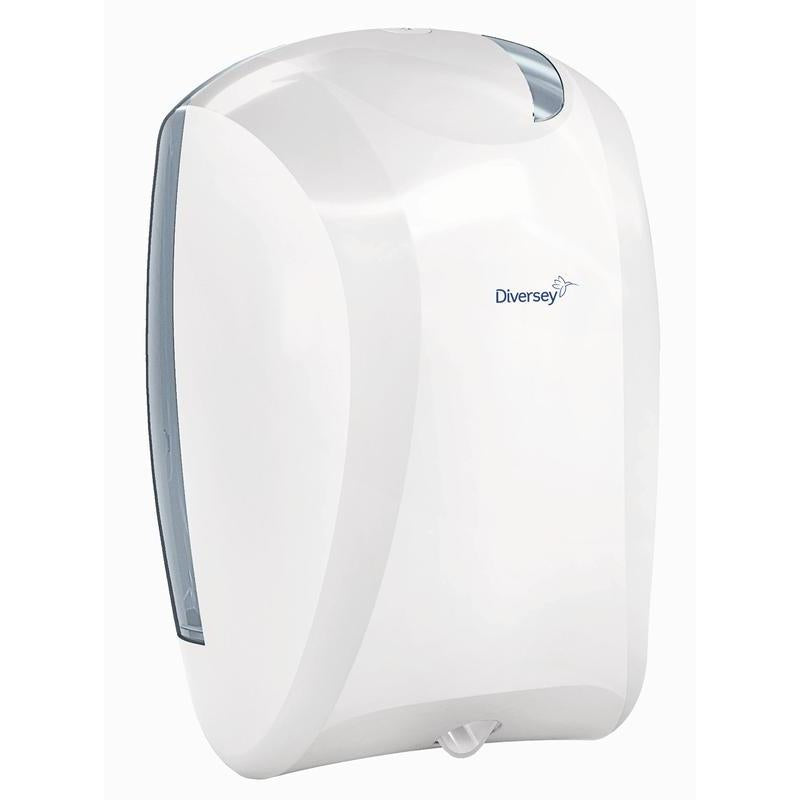 Un support de rouleau de papier en plastique blanc/transparent avec déroulement intérieur (35,2 x 24,3 x 24 cm) de Diversey Allemagne. Montage mural, design moderne, distributeur de lingettes avec fente de distribution visible. Emballage : 1 pièce.