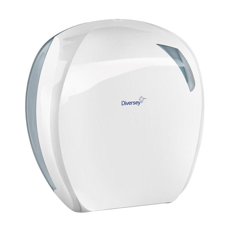 De Jumbo-toiletpapierhouder Mini van Diversey Deutschland GmbH & Co. OHG van wit/transparant kunststof (296x277x135 mm) is ideaal voor openbare toiletten en geschikt voor mini-jumbo-toiletpapierrollen, bijvoorbeeld 7518251.