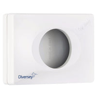 De dispenser voor hygiënezakjes van wit kunststof (95 x 135 x 32 mm) van Diversey Deutschland GmbH & Co. OHG is ideaal voor openbare sanitaire ruimtes, met een ovale opening en de tekst „MADE IN ITALY“ in reliëf aan de binnenkant van de opening.