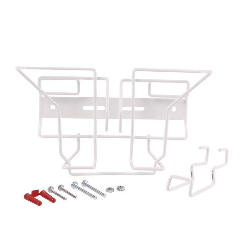 Een wit metalen frame met bevestigingsmateriaal, ideaal als wand- & trolleyhouder voor Oxivir Excel SoftPack reinigingsdoekjes van Diversey Deutschland GmbH & Co. OHG, montageset voor wipes-softpack (1 stuk).