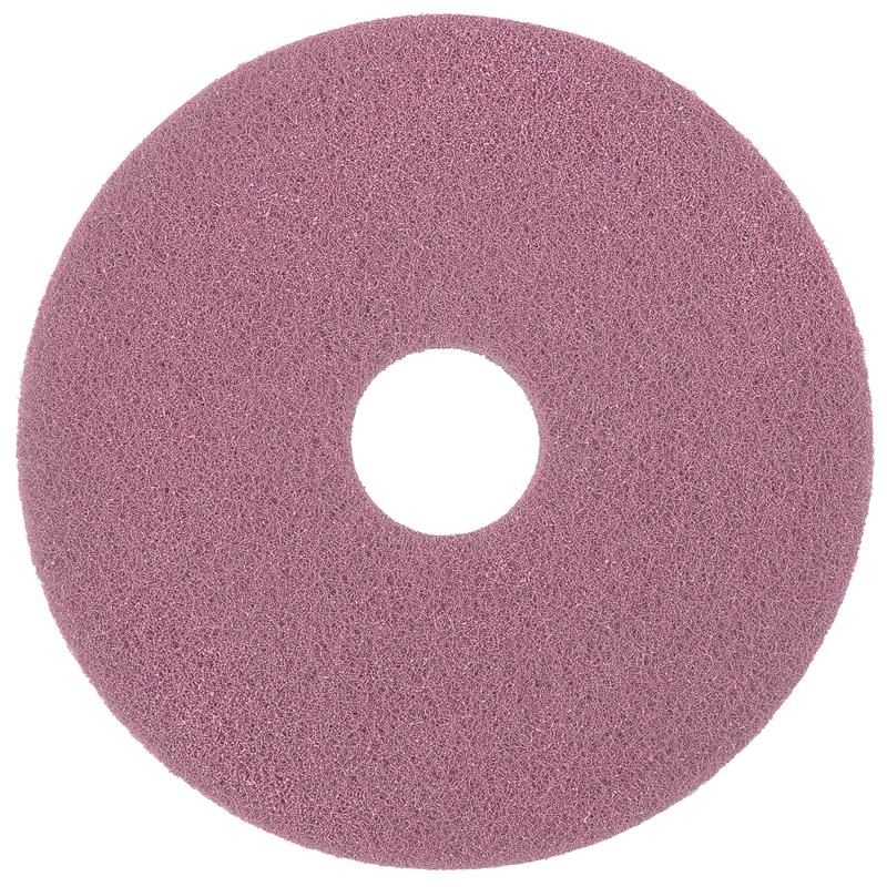 Het Diversey Twister Pad Pink voor vinylvloeren van Diversey Deutschland GmbH & Co. OHG is een rond, plat schoonmaakpad met gestructureerd oppervlak en middengat, ontworpen voor het reinigen van vinylvloeren en van bovenaf afgebeeld op een witte achtergrond.