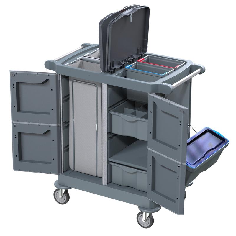 Le DI PROTECT TROLLEY PETIT de Diversey Deutschland GmbH & Co. OHG est un chariot de nettoyage compact et fermé de couleur grise avec des étagères, des conteneurs, un conteneur latéral amovible et quatre roues pour une protection et une organisation optimales. Emballage : 1 pièce.