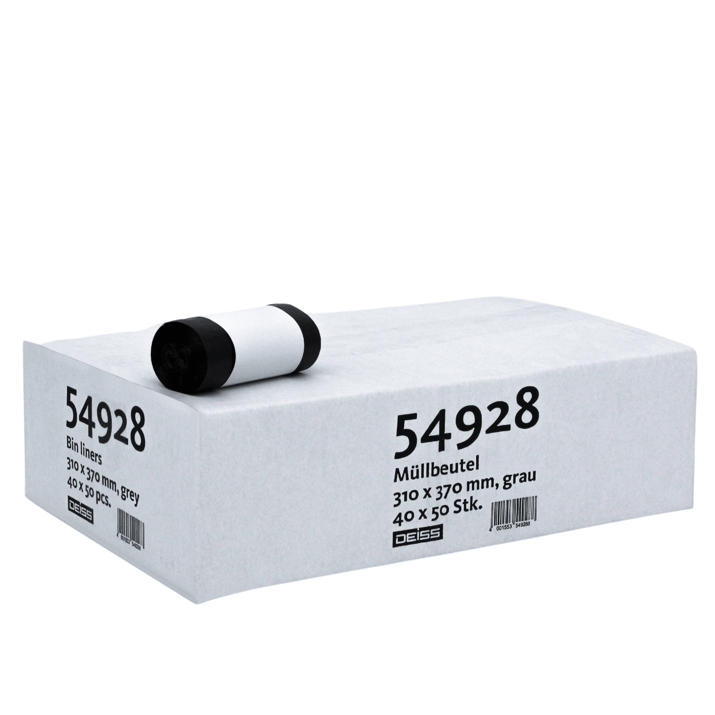 Op een karton met grijze vuilniszakken van het merk EMIL DEISS KG (GmbH + Co.) met rol bovenaan zijn de productdetails beschreven: "6 liter scheurbestendig met 10-20% regeneraatdeel, 310 x 370 mm, grijs, 40 x 50 stuks" en "30 x 39", "30 stuks" in zwarte letters.