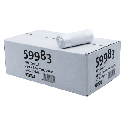 Un carton de la société EMIL DEISS KG (GmbH + Co.) est étiqueté avec le code produit « 59983 » et contient des sacs poubelle DEISS en HDPE d'une capacité de 30 litres et mesurant 490 x 600 mm, emballés en paquets de 40 rouleaux de 50 pièces chacun et marqués d'un code-barres. En haut du carton se trouve un rouleau de sacs poubelle blancs.