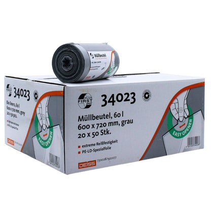 Les sacs poubelles DEISS First Plus Pcr 60 litres (34042) de EMIL DEISS KG (GmbH + Co.) sont des rouleaux LDPE gris d'une capacité de 60 litres et mesurant 600 x 720 mm. Chaque carton contient 20 paquets de 50 sacs chacun. L'emballage climatiquement neutre dispose d'un design « Easy Opener » et se distingue par une résistance extrême à la déchirure.