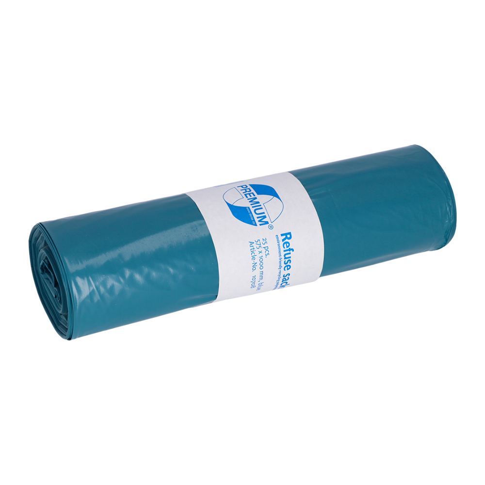 Sur un fond blanc simple repose un rouleau de sacs poubelle bleus DEISS Premium en LDPE de EMIL DEISS KG (GmbH + Co.), avec une étiquette blanche qui affiche le logo et met en avant la qualité supérieure du produit.