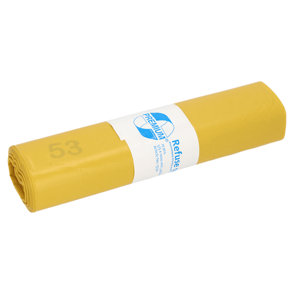 Een gele vuilniszak van de DEISS Premium 13730-lijn, die bekend staat om zijn hoge scheurweerstand, heeft een witte banderol met blauw logo en het woord „Premium“. Op de buitenlaag is het getal 53 gedrukt, dat de hoge recyclekwaliteit van het materiaal benadrukt. Het product van EMIL DEISS KG (GmbH + Co.) wordt geleverd op rollen van 25 zakken, heeft de afmetingen 575x1000 mm, is gemaakt van LDPE en heeft een inhoud van 70 liter.