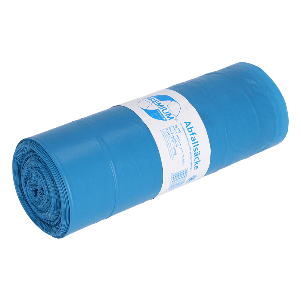 Een rol blauwe vuilniszakken met een etiket waarop tekst en een streepjescode staan. Deze blauwe DEISS 10099 - 700x1000+50 mm Type 60-zakken zijn ontworpen voor een efficiënte afvalverwijdering, hebben een cilindrische vorm en beschikken over een robuust trekkoord voor eenvoudig sluiten. Merk: EMIL DEISS KG (GmbH + Co.), Inhoud: 25 stuks per rol.