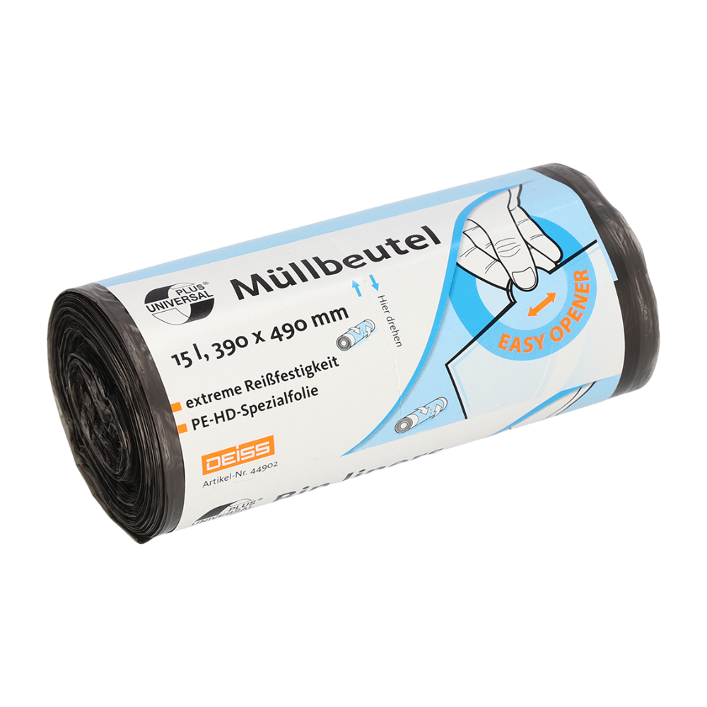 Er wordt een rol zwarte vuilniszakken gepresenteerd met het opschrift 'Vuilniszak', waarvan de afmetingen 15 liter en 390 x 490 mm zijn. Opvallend zijn de scheurvaste functie en de blauwe 'Easy Opener'. Merkinformatie zoals EMIL DEISS KG (GmbH + Co.) en DEISS Universal Plus® evenals verdere productinformatie zijn prominent geplaatst.