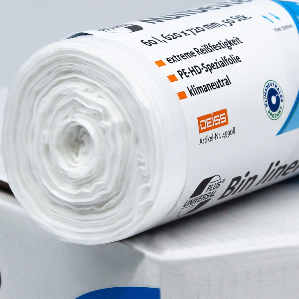 Er wordt een rol DEISS Universal Plus® afvalzakken van 60 liter, model 49908, tentoongesteld door EMIL DEISS KG (GmbH + Co.). De verpakking kenmerkt zich door eigenschappen zoals extreme scheurvastheid, constructie van speciale HDPE-folie en klimaatneutraliteit. Bovendien is deze voorzien van een duurzaamheids-certificeringslogo dat milieuvriendelijkheid zonder concessies aan de sterkte garandeert.