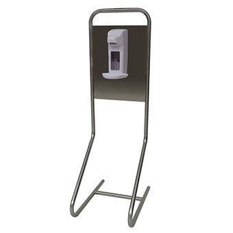 Het Novocal desinfectie-eiland "Desi" staand model heeft een roestvrijstalen frame, een rechthoekige sokkel (385 x 56 mm) en een ingebouwde witte handdesinfectiemiddeldispenser, die op een donkere plaat is gemonteerd. Merk: Novocal. Verpakking: 1 stuk.