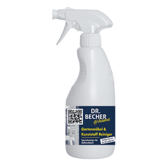 Kunststof spuitfles met het opschrift „DR.BECHER @home Tuinmeubel- en kunststofreiniger | Fles (500 ml)” en een QR-code op de voorkant. Het product is ontworpen als betrouwbare tuinmeubelreiniger voor het reinigen van tuinmeubelen en kunststofoppervlakken en is voorzien van een witte sproeikop.