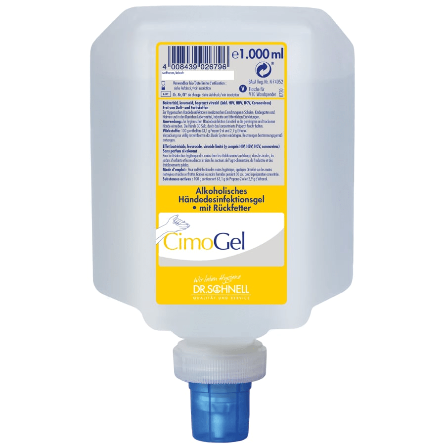 Die 1000 ml durchsichtige Kunststoffflasche der Dr. Schnell CIMOGEL Händedesinfektion der DR.SCHNELL GmbH & Co. KGaA, mit blauem Spenderverschluss und deutschem Etikett, bietet Händedesinfektion und Schutz vor Bakterien und Viren.