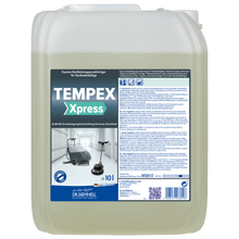 Ein 10-Liter-Kunststoffkanister des Dr. Schnell TEMPEX XPRESS Express-Hochleistungsreinigers für Hartböden von DR.SCHNELL GmbH & Co. KGaA, beschriftet mit Hinweisen, Sicherheitssymbolen und Abbildungen von Reinigungsmaschinen - ideal für den professionellen Einsatz.