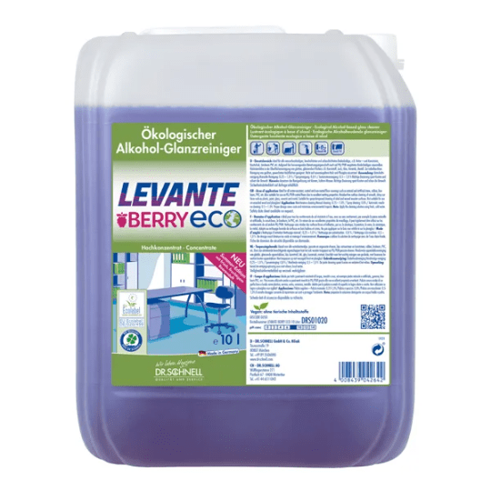 Un contenant de 10 litres Dr. Schnell Levante Berry ECO de DR.SCHNELL GmbH & Co. KGaA, avec un liquide violet et un parfum de baies. L'étiquette allemande montre des informations sur le produit et une illustration d'un bureau propre.