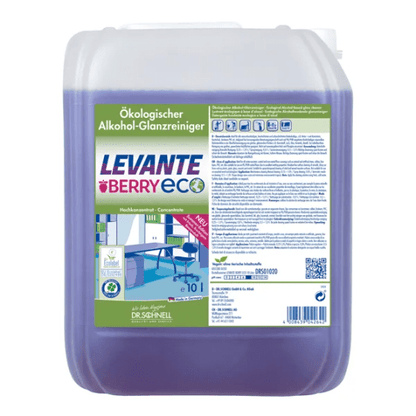 Un contenant de 10 litres Dr. Schnell Levante Berry ECO de DR.SCHNELL GmbH & Co. KGaA, avec un liquide violet et un parfum de baies. L'étiquette allemande montre des informations sur le produit et une illustration d'un bureau propre.