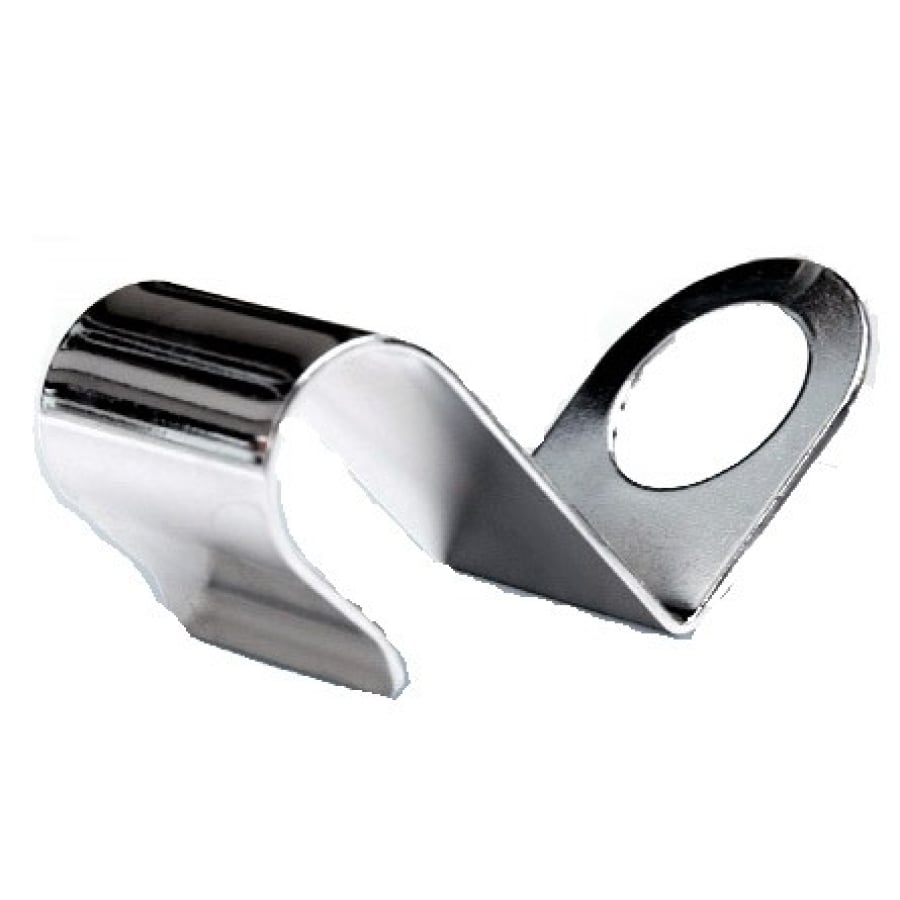 Der Dr. Schumacher Descoflex Mobilhalter MH | Stück (1 Stück) der Dr. Schumacher GmbH ist ein glänzender, gebogener Metallhalter mit flachem Ende und kreisförmigem Loch, der einen stabilen Halt für mobile Geräte bietet.