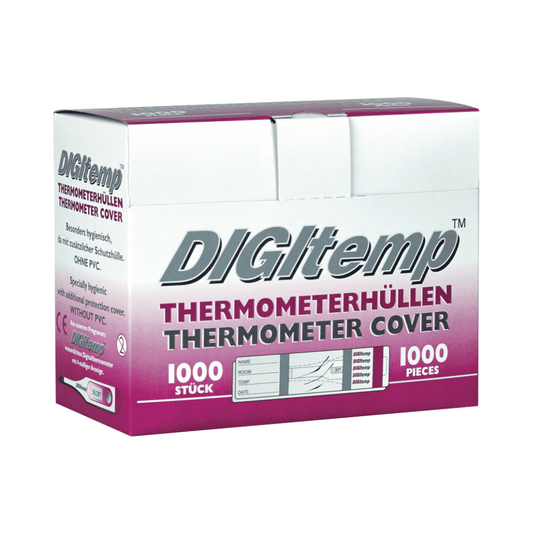 Een doos Digitemp-thermometerhoesjes, met glijmiddel – 1000 stuks van Servoprax GmbH met het opschrift „THERMOMETERHOESJES“ bevat 1000 hygiënische hoesjes voor digitale thermometers. De opvallende verpakking verandert van wit naar paars en zorgt dankzij PVC-vrije materialen voor een schone en veilige ervaring.