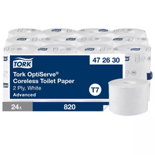 Papier toilette sans noyau Tork OptiServe, 2 épaisseurs, blanc, système T7, 24 rouleaux de 820 feuilles