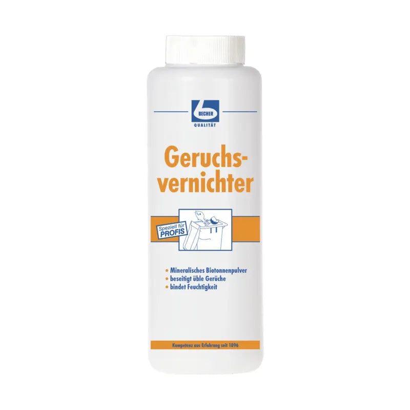 Een witte container met het Duitse opschrift „Dr. Becher Geurverdrijver“ van Dr. Becher GmbH, met tekst en symbolen die wijzen op het gebruik als mineraalgebaseerd geurverwijderingspoeder dat ook vocht absorbeert.