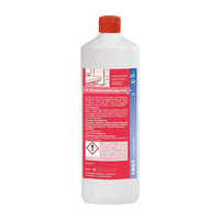 Een witte plastic fles met een rode dop. Op het etiket staan Duitse aanwijzingen en gevarensymbolen die aangeven dat er een Dr. Becher SR 100 Sanitaironderhoudsreiniger Fresh van de Dr. Becher GmbH is gevestigd.
