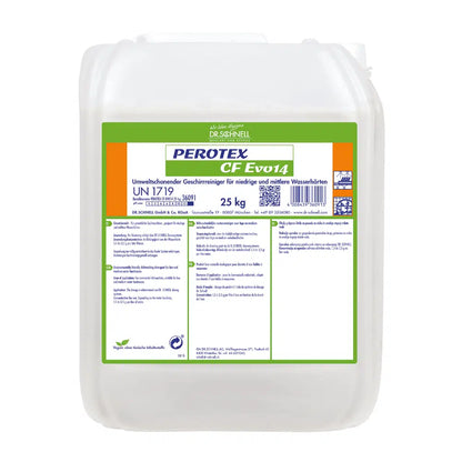 Ein 25-kg-Kanister der DR.SCHNELL GmbH & Co. KGaA Perotex CF EVO 14, ein chlorfreies Geschirrspülmittel für gewerbliche Maschinen, mit grün-oranger Kennzeichnung und deutschen Sicherheitshinweisen.