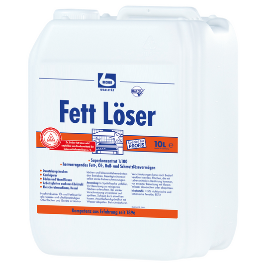 Witte kunststofkan met de opdruk "Dr. Becher Vet Verwijderaar", productinformatie en logo's in blauw en rood. Capaciteit van 10 liter aangegeven. Veiligheids- en gebruiksinstructies.
