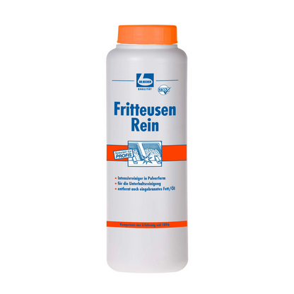 Een witte kunststof fles met oranje dop met het opschrift „Dr. Becher Friteuse Rei, Poeder“ van Dr. Becher GmbH met blauw-oranje grafiek als professionele poedervormige intensieve friteusereiniger voor het verwijderen van ingebrand vet.