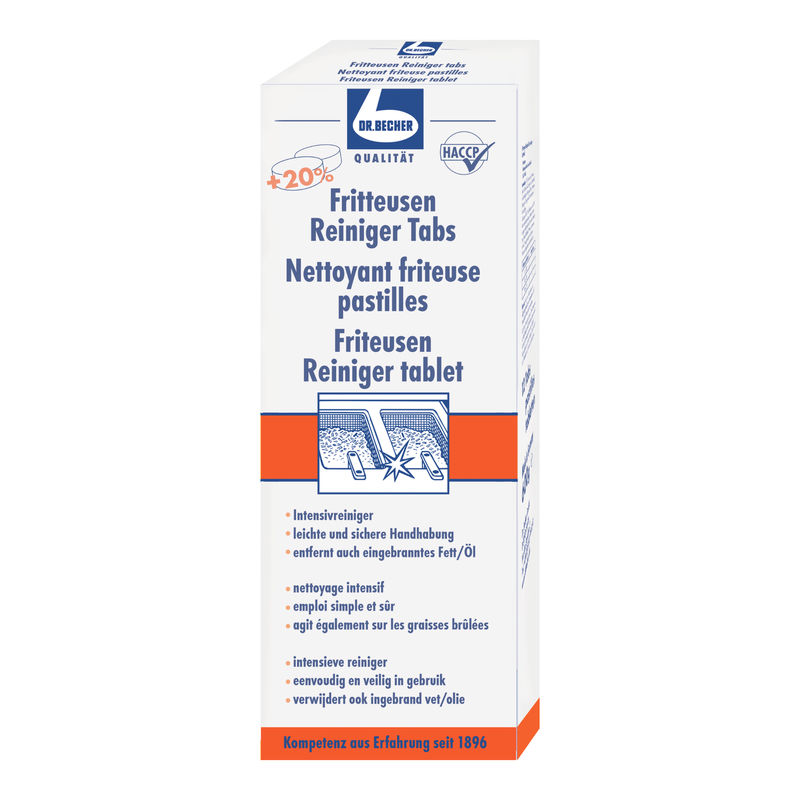 Une boîte de Dr. Becher tablettes de nettoyage pour friteuses pour nettoyer les friteuses, avec des informations en allemand indiquant une quantité supérieure de 20 %. L'emballage est blanc et bleu et porte un texte de la société Dr. Becher GmbH.