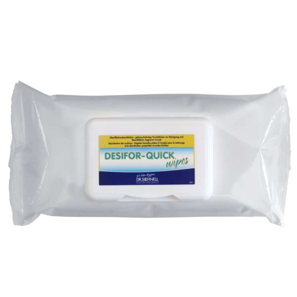 Un paquet de Dr. Schnell DESIFOR-QUICK WIPES lingettes désinfectantes de DR.SCHNELL GmbH & Co. KGaA. L'emballage blanc, conforme à la norme HACCP, est muni d'une étiquette bleue et jaune. Ces lingettes sans aldéhyde sont dotées d'un couvercle refermable pour plus de confort et de fraîcheur et contiennent 80 lingettes par paquet.