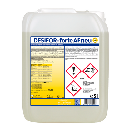 Un conteneur de 5 litres Dr. Schnell de Desifor-forte AF neu désinfection de surface de la DR.SCHNELL GmbH & Co. KGaA est muni d'une étiquette contenant des informations détaillées sur le produit et des consignes de sécurité, y compris des symboles de danger pour le risque sanitaire, la toxicité aquatique et l'inflammabilité.