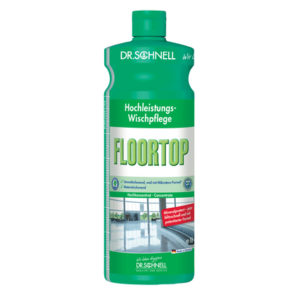 Tegen een witte achtergrond staat een groene fles Dr. Schnell's Floortop, vloerreiniger concentraat, geproduceerd door DR.SCHNELL GmbH & Co. KGaA. Het etiket benadrukt zijn hoge prestaties als milieuvriendelijke vloerreiniger met muntsmaak, ideaal voor waterbestendige vloeren.