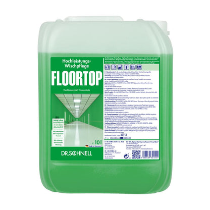 Een groene 10-liter container met Dr. Schnell Floortop, vloerreiniger concentraat van DR.SCHNELL GmbH & Co. KGaA is voorzien van een etiket met een gestileerde gangbeeld, productinstructies en Duitse tekst. De vloeistof binnenin is ideaal voor het reinigen van waterbestendige vloeren en heeft een aantrekkelijke groene tint.