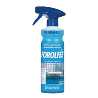 Een blauw-witte spuitfles met het opschrift "Dr. Schnell De "ForolFee universele reiniger, gebruiksklaar voor oppervlakken" van DR.SCHNELL GmbH & Co. KGaA heeft een inhoud van 500 ml en toont op het etiket een afbeelding van een schone badkamer.